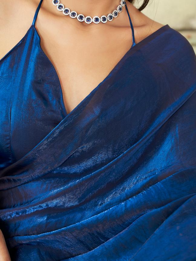 Two-way two-tone purple and blue colored  jimmychoo saree with tassels on pallu